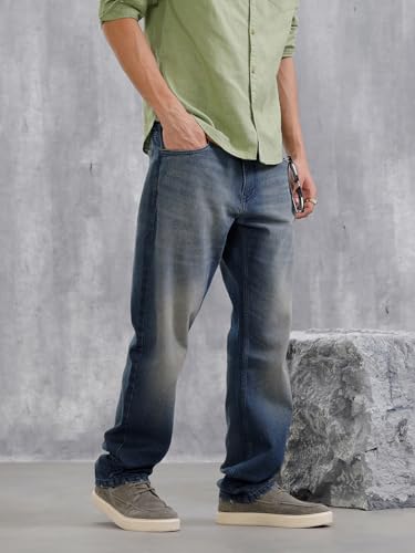 Image of WROGN Men's Mid-Rise Jeans | 100% Cotton | Anti-Fit Relaxed Silhouette