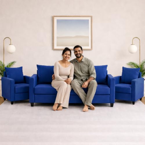 Image of Wood 3+1+1 Sofa Set 5 Seater | Velvet Fabric Upholstery | Wooden Frame Sofa Set with 3 Seater & 2 Single Chairs for Living Room, Home & Office (Blue)
