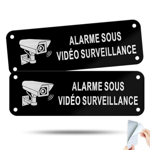 Goodvia Adhésif Video Surveillance Aluminium Brossé - Alarme Sous Vidéo Surveillance 150x50 mm Noir Vintage/2 pièces