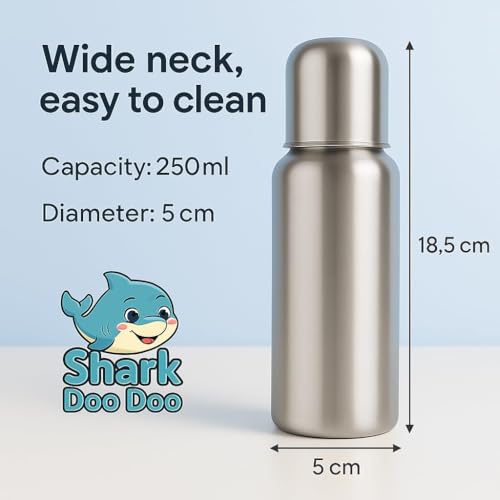 Image of Shark Doo Doo Stainless Steel Bottle for Babies (0-12 Months) - 250ml with Silicone Cleaning Brush (Combo Pack) | BPA Free (SS 4in1 Combo Green)