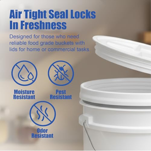 Image of ePackageSupply 5 Gallon Bucket - Food Grade w /Lid BPA-Free, White /White, 6 | Airtight Gamma Seal Screw-On Lid, Heavy-Duty 90 Mil HDPE Plastic, Food Safe and Durable Container, Bulk Storage, Made in USA