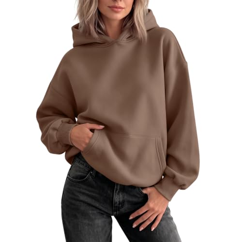 Womens Hoodie Oversized Vintage Fleece Pocket Hooded Sweatshirt, Coffee | Lightweight, Loose Fit, Plain Cozy, Long Sleeve Tops, Ribbed Cuff, Beach Vacation, Business Casual, Travel Fashion Clothing - image 5