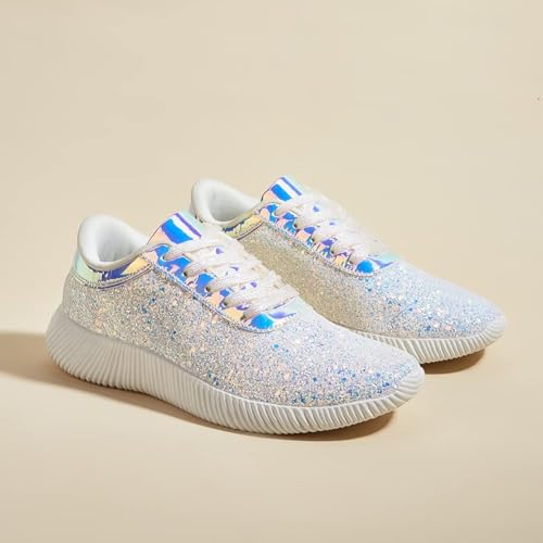 LUCKY STEP Damskie Błyszczące Tenisówki z Brokatem Lekkie Sneakersy z Metalicznym Efektem i Cekinami (Biały, 11US-42EU-9UK)