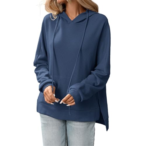 Ladies Jumpers Long Sleeve Waffle Knitted Plain Hooded Jumper Fashion Side Slits Drawstring Hoodie with Pocket(Blue, XXL) strickjacke schwarz damen Ladies Jumpers Long Sleeve Waffle Knitted Plain Hooded Jumper Fashion Side Slits Drawstring Hoodie with Pocket(Blue, XXL) strickjacke schwarz damen