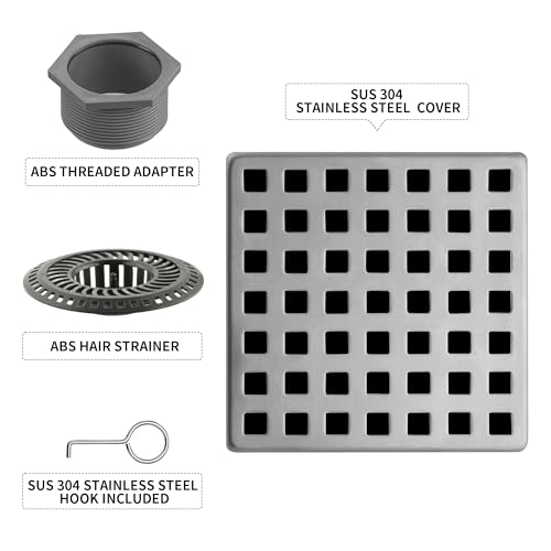 BAUNVB 4 Inch Square Shower Drain, 304 Stainless Steel Cover Panel with ABS Frame, Removable Quadrato Pattern Grate with Hair Catcher, CUPC Certified, Brushed Nickel