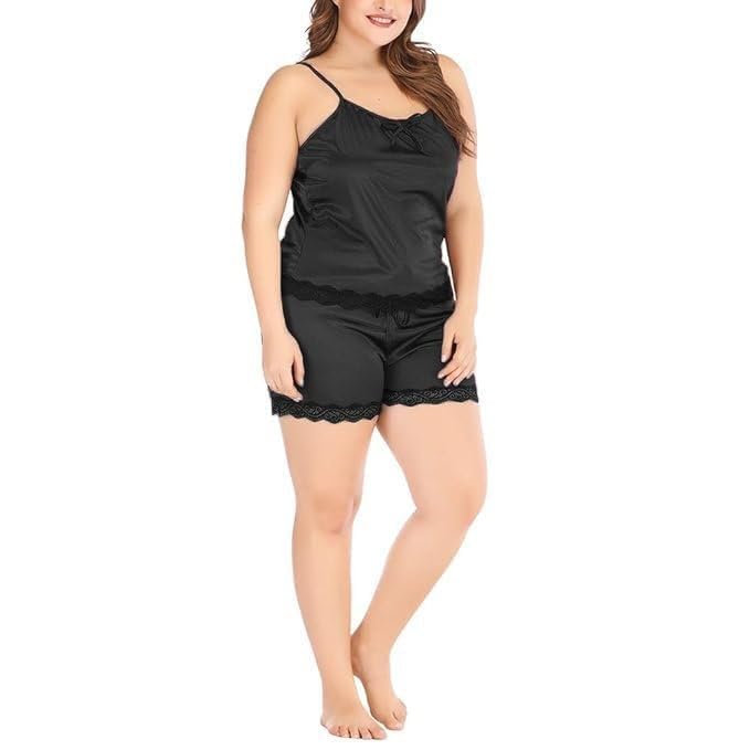 Women's Black Satin Cami and Shorts Night Suit Set with Lace Trim | Soft Sleeveless Sleepwear | Comfortable Silky Lounge Wear | Elegant Satin Pajama Set for Women-picture-48