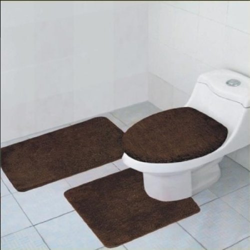 Empire Furniture USA 3-Piece Quinn Solid Bathroom Accessory Set Bath Mat Contour Rug Toilet Lid Cover - Brown