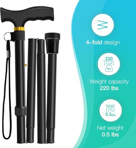 Image of Dr Care 4 Folding Walking Stick for Old Age | Aluminum | Adjustable Height 85-95 cm | Lightweight | Anti Slip | Ergonomic Handle | Rubber Tip | Wrist Strap (Black)