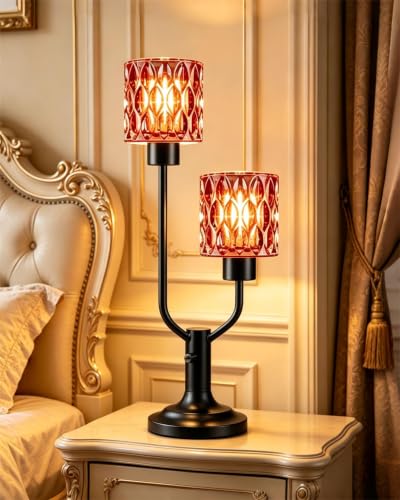 Image of Lightdot Red Glass Vintage Lamp Mid Century Modern Table Lamp Dimmable Gift | Nightstand Lamp Black Desk Lamp 2 Bulbs Included 3000K Warmwhite Ambient Bedside Lamps for Bedroom Living Room Home Decor