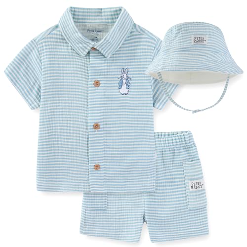 Peter Rabbit Baby Boys Gauze Button Down Shirt and Short with Bucket Hat 3 Piece Outfit Set for Infant