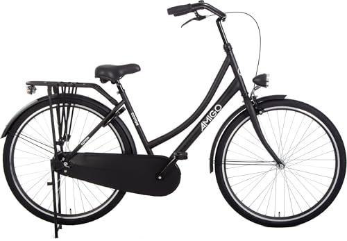 AMIGO Cotton – Bicicleta de transporte de 28 pulgadas para mujer – Bicicleta holandesa con portaequipajes delantero – 50 cm – Freno de contrapedal y freno V – Negro mate