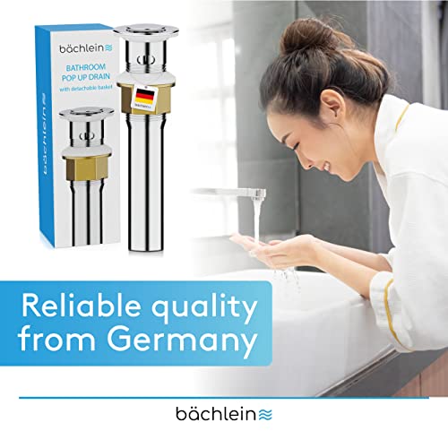 Bächlein Bathroom Sink Drain With Overflow - Chrome Pop Up Drain Incl. 3 Extra Seals - German Brand #TOP6