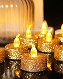 wisdom line Velas LED con purpurina roja, 8 calentadores de platos, sin llama, con temporizador, 3,6 x 3,6 cm, alimentados por pila CR2032, decoración para Navidad y fiestas