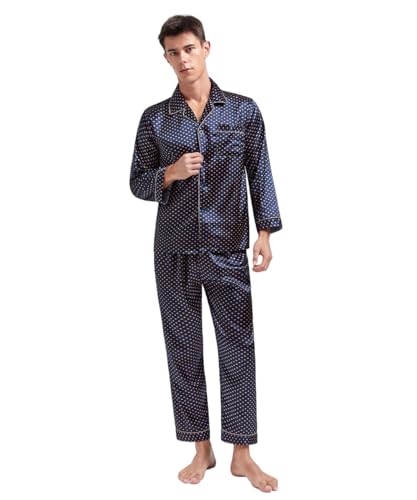 Men's Classic Satin Long Sleeve Pajama Set Button-Down PJs Sets Sleepwear Two-Pieces Loungewear with Pockets