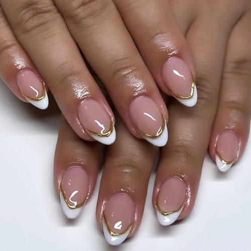 24 Pcs French Tip Press on Nails Short Almond Fake Nails with Des...