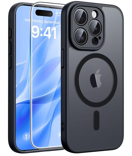 Image of FNTCASE for iPhone 15 Pro Case: [Compatible with Magsafe] Translucent Matte Cases with [Full Camera Protection] [Screen Protector] Military Grade Shockproof Protective Phone Cover -Black