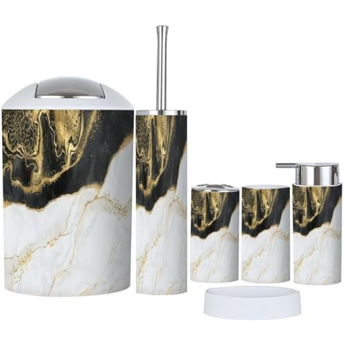 Bathroom Accessory Set 6 Piece Abstract Texture Black White Marble