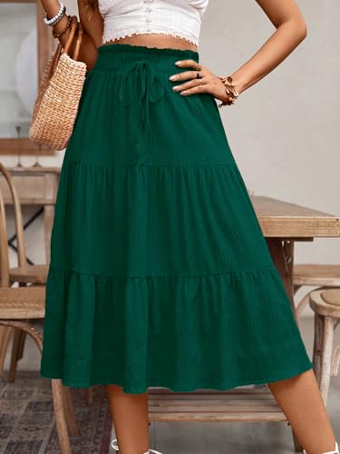 Women's Casual Summer Skirts Boho High Elastic Waisted Flowy Drawstring Ruched A Line Tiered Midi Dress Skirt4