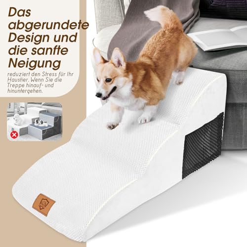 HEVOL Hundetreppe 3 Stufen, Tragbare Hunderampe aus Hochdichtem Schwamm für Kleine Hunde, Haustiertreppe mit Abnehmbarem & Waschbarem Stoffbezug, Ideal für Sofa und Bett
