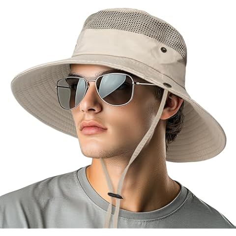 NPQQUAN Sun Hat for Men 3” Wide Brim UPF 50+ Fishing & Bucket Beach Women Hats Top Mesh Beige Cover