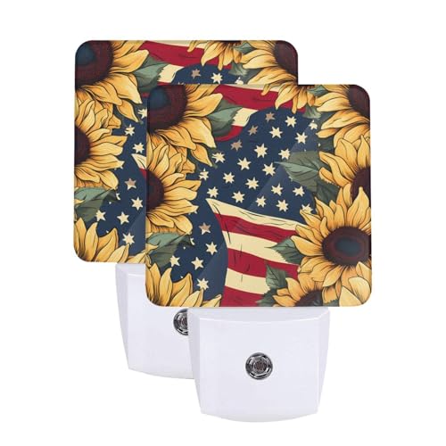Image of Red Stars and Lines Sunflowers LED Plug-in Night Light 2-Pack, Auto Sensor Nightlights Set of 2 for Bedroom Bathroom