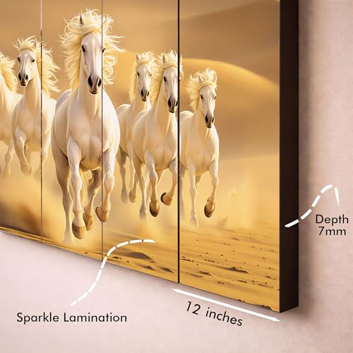 Image of The Castle Decor Running Horses with Rising Sun Vastu Painting | Wooden Frame Multi-Panel Wall Art for Living Room (Multi Color - Design 8, 36x60 Inch)