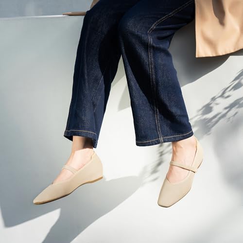 Image of Cusolemore Mary Jane Flat Shoes for Women with Arch Support and Concealed Low Wedge Heel, Comfortable Women Square Toe Ballet Flats Knit Dress Shoes