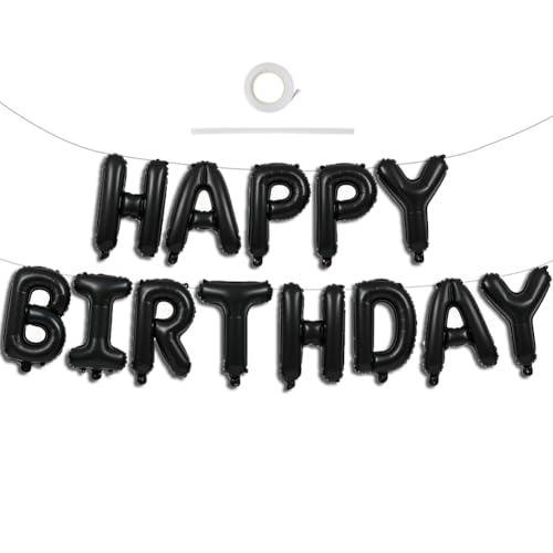 TONIFUL Black Happy Birthday Balloons Banner Decoration 16 Inch Mylar Foil Letters Birthday Sign Banner Bunting Reusable for 30th 40th 50th 60th Men Adults and Halloween Party Supplies