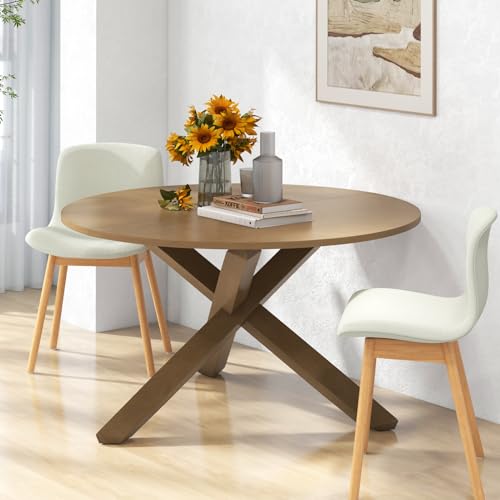 Image of Giantex 47 inch Round Dining Table with Intersecting Acacia Wood Legs, Adjustable Foot Pads, 500Lbs Capacity, Mid Century Kitchen Table for 4-6 Person Dinner, Dinette, Dining Room, Restaurant