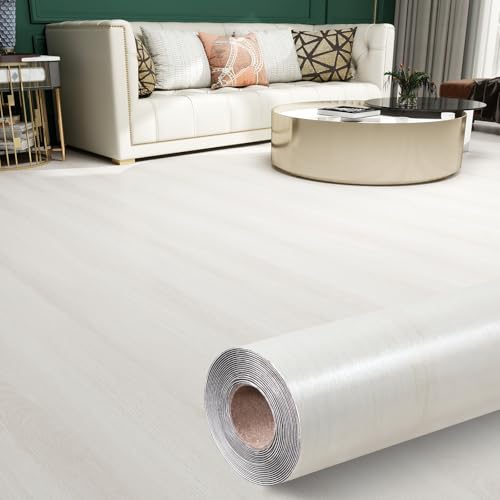 Rollo de vinilo de grano de madera, azulejos de piso gruesos, autoadhesivos, fáciles de usar, para cocina, dormitorios, salas de estar, suelo del hogar, beige, 118 x 11.8 pulgadas