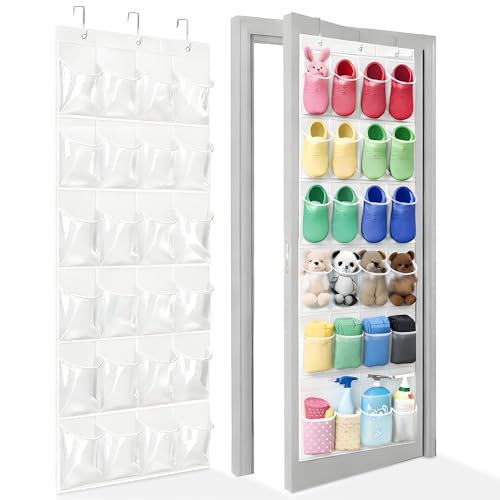 Over The Door Shoe Organizer with 24 Clear Pockets and Metal...