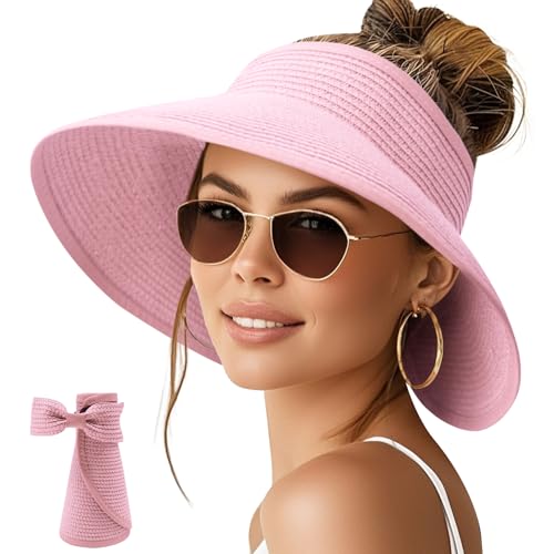 Image of NPQQUAN Sun Visor Hats for Women Wide Brim Ponytail Straw Beach Hat Packable Foldable UPF 50+ Floppy Travel Hats