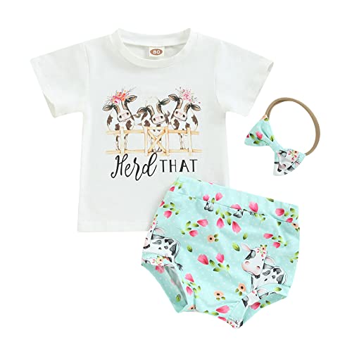 ZyHwShine Western Baby Girl Clothes Short Sleeve Cow Girl Letter Print Shirts+Shorts Headband Newborn 3Pcs Summer Outfits (White, 0-3 Months)