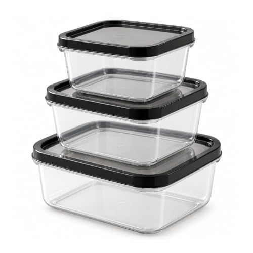 Kare Kapaklı Plastik Gıda Saklama Kabı Seti, 3 Adet, 250 ml + 500 ml + 900 ml, Şeffaf ve Siyah
