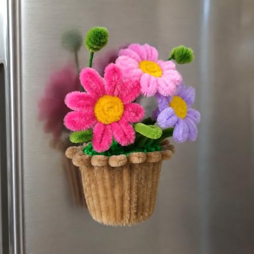 Image of XANTHIC 1Pcs Handmade Flower Pot Fridge Magnet | Colorful Chenille Flower Refrigerator Magnet | Cute Kitchen Decor Accessory | Decorative Floral Home & Office Decoration Gift
