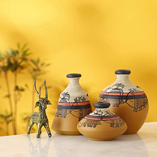 Image of Aakriti Art Creations Yellow Terracotta Vases with Madhubani Tattoo Art Set of 3 | Hand-Painted Flower Vases | Matte Finish Decorative Vases for Living Room, Table Decor & Gifting