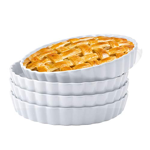 Bruntmor Porcelain Ceramic 10 inch Pie Pan Set of 4 for Baking Apple Pie, Cast Iron Bakeware, Pot Pie, Tart, Oven and Dishwasher Safe - White