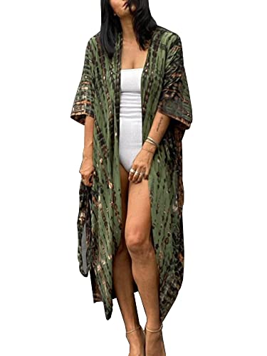 Chunoy Cárdigan tipo kimono suelto con frente abierto para mujer, C05-verde militar, Talla única