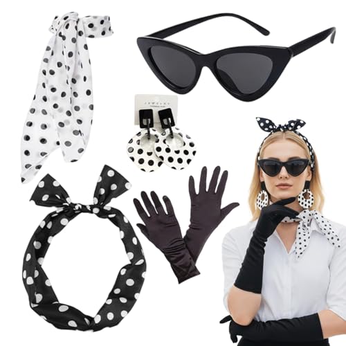 ZocRjvN 60er Jahre Outfit Damen, Rockabilly Accessoires Damen, 5-teiliges Vintage-Set Mit Schal, Handschuhen, Brille, Stirnband Und Ohrringen, Ideal...