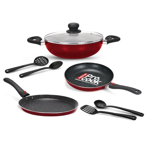 Image of Milton Pro Cook Kitchen Pride Plus Granito I Set of 7 Non Stick Cookware | Non Induction I Cooking Pan, Kadhai with Lid, Tawa, Nylon Laddle & Spatula I Peach Metallic