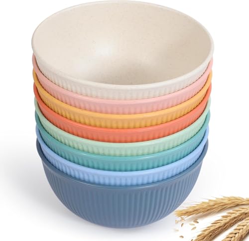 Ulrikco 8-Piece Unbreakable Plastic Bowls Set - Colorful Cereal Bowl Soup Bowls for Adults & Kids Safe for Dishwasher & Microwave Reusable Serving Bowls for Kitchen Camping Parties (655ML)