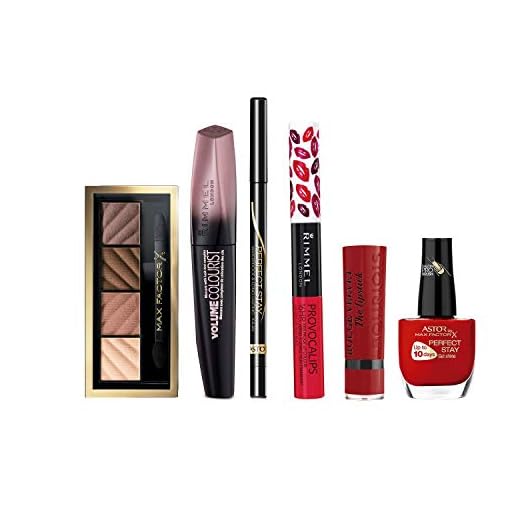 Rimmel London, Max Facto, y Bourjois pack (Mascara pestañas Volume Colourist, Lapiz ojos Long Lasting, Barra labios Rimmel London, Barra labios Bourjois, Gel uñas PerfectStay, Sombra de Ojos paleta)