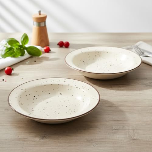 Image of Beyond Homes Ceramic Pasta Plates Shallow, 18cm, Set of 2 | Matte Finish Ceramic Pasta Bowl | Flat Stoneware Pasta & Maggie Bowl | Chip-Resistant | Microwave Safe (2, Off-White Spotted)