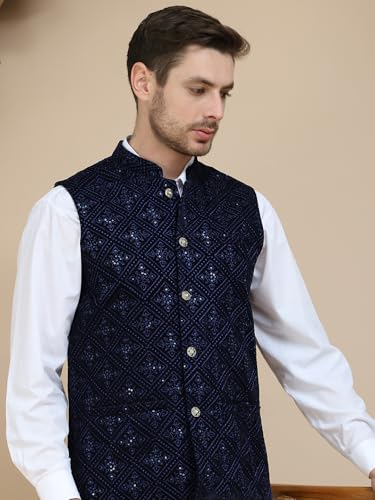 Image of Men's Sequins Velvet Nehru Jacket (Navy Blue, XL)