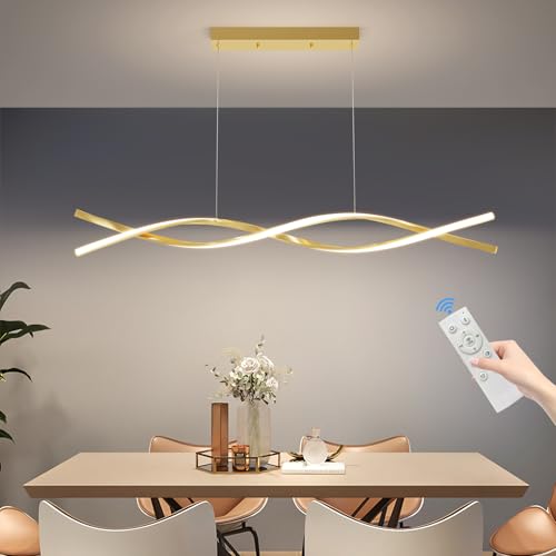 Modern LED Ceiling Pendant Light, 39IN Gold Modern Chandelier with Remote Control 3000k-6500K Adjustable Color Temperature, Aluminum Island Lighting Lamp for Dining Room, Living Room, Island