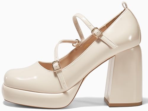 Coutgo Womens Mary Jane Heels Chunky Platform Loafer Shoes Block Heel Closed Square Toe Pumps Cross Strap High Heel Dress Shoes4