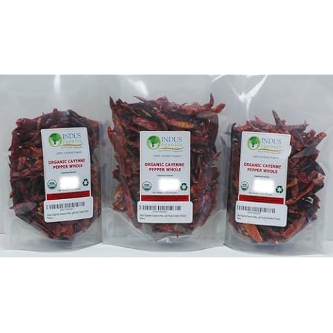 Indus Organics Cayenne Pepper Whole (40,000 SHU), 3 Oz Bag (3 pack), Steam Sterilized, Premium Grade, High Purity, Freshly Packed Cover