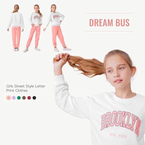 Image of DREAM BUS Girl Letter Print Clothes Drop Shoulder Sweatshirt and Pants with Pockets for Girls Tween Girl Fall Pants Set