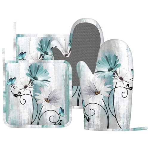 HEROARMOUR Teal Daisy Oven Mitts Pot Holders Set Silicone