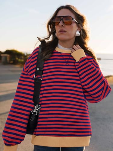 Image of PRETTYGARDEN Womens Striped Oversized Sweatshirt Color Block Crew Neck Long Sleeve Casual Loose Pullover Top Y2K Clothes